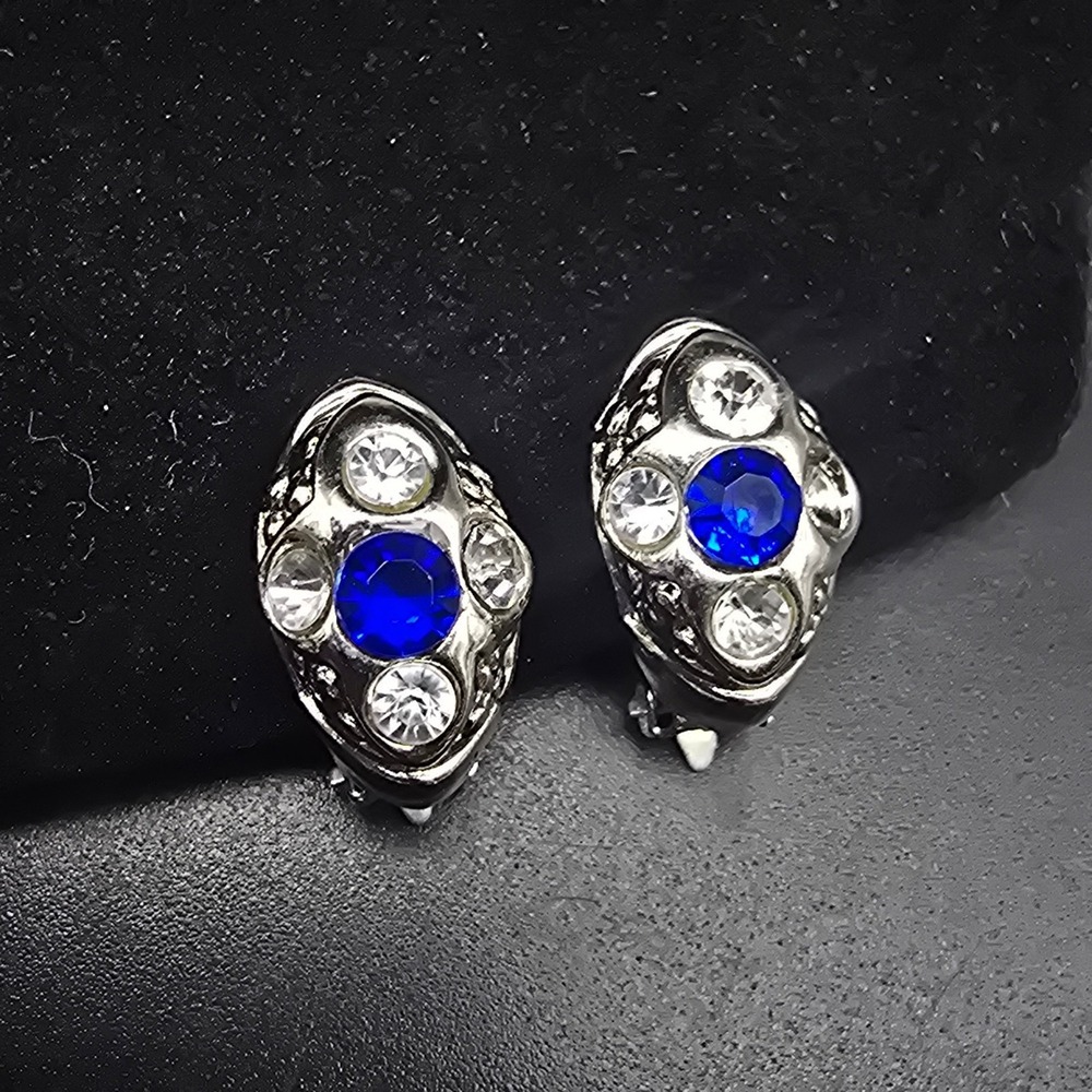 Blue Clear Rhinestone Clip On Earrings Vintage Costume Jewelry
